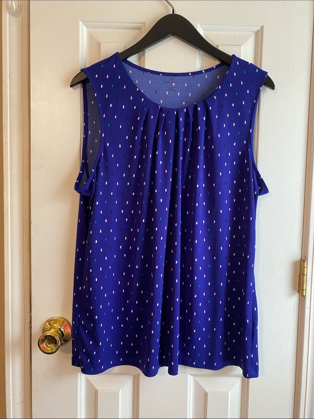 Worthington Royal Blue Sleeveless Pleated Neck Dot-Print Tank